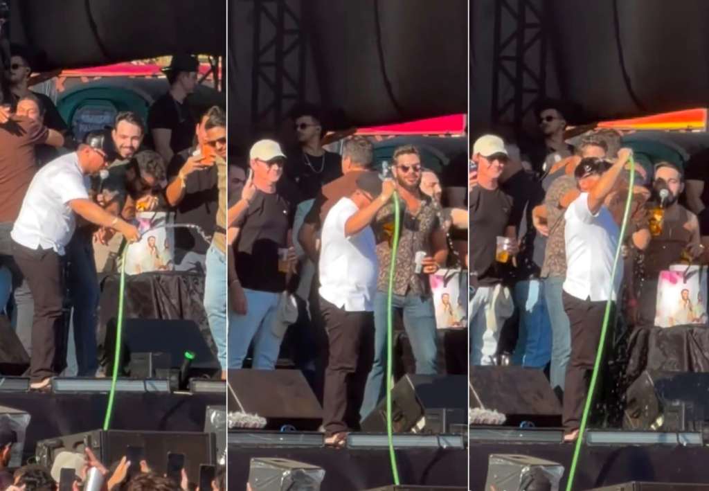 Sertanejo Henrique e Xand Avião aliviam o calor com banho no palco durante show em Palmas; sertanejo-henrique-e-xand-aviao-aliviam-o-calor-com-banho-no-palco-durante-show-em-palmas;